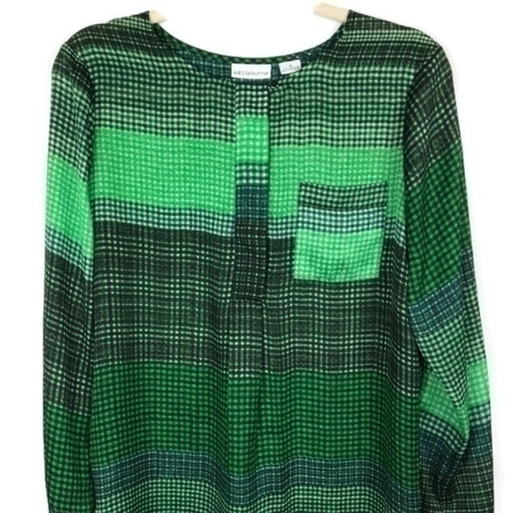 Liz Claiborne Green Black Checkered Loose Fit Breast Pocket Blouse Size Medium